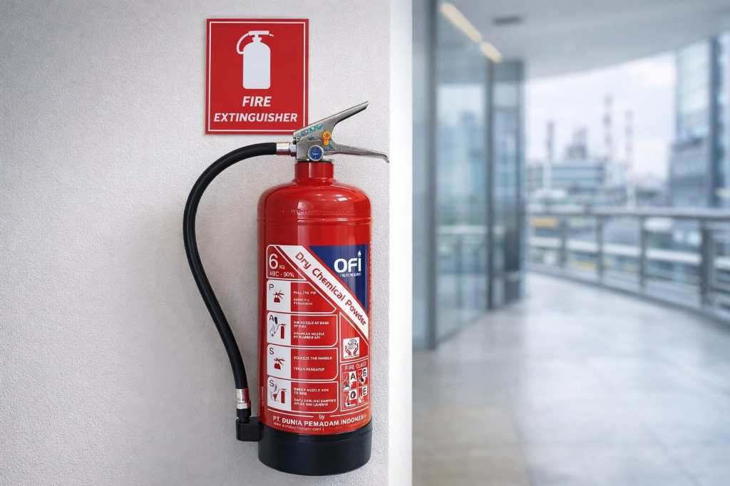 APAR 6 kg dry chemical powder terpasang di dinding gedung modern sesuai standar keselamatan kebakaran Indonesia.
