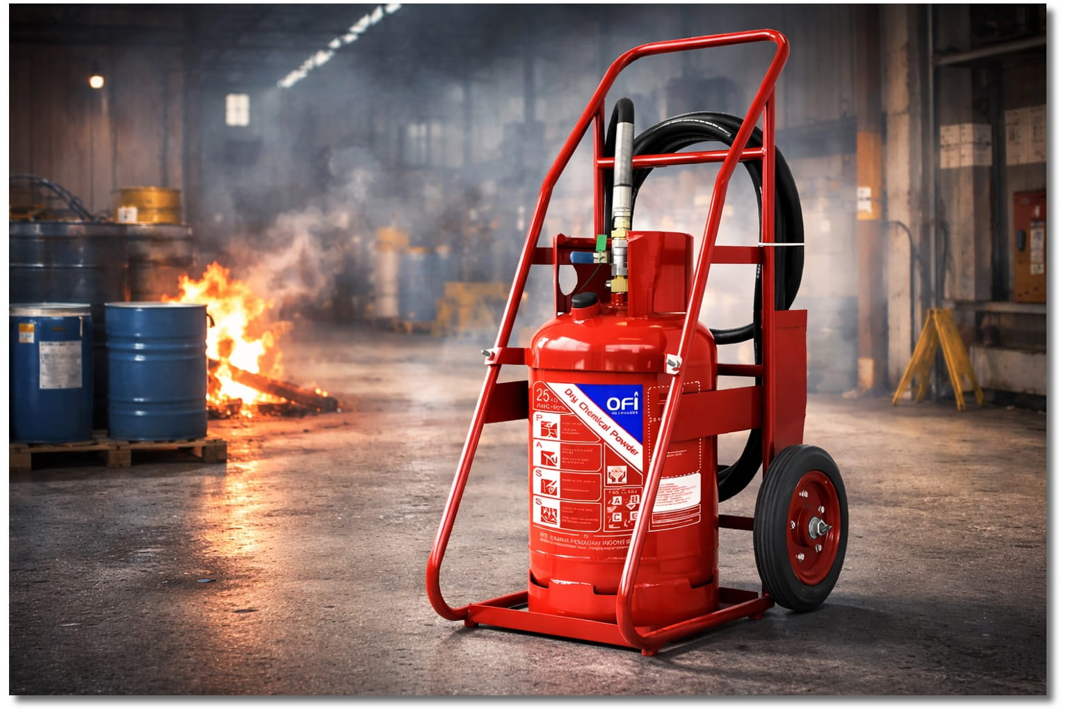 APAR ABC Dry Chemical Powder 25 kg tipe wheeled trolley di setting gudang industri dengan api kebakaran dan drum bahan kimia.
