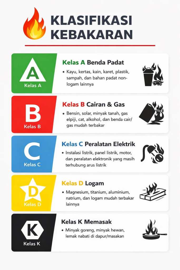 Klasifikasi kebakaran berdasarkan jenis bahan terbakar untuk pemilihan APAR yang tepat.