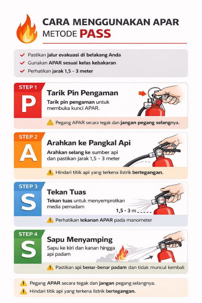 Langkah penggunaan alat pemadam api ringan dengan metode PASS untuk pemadaman awal kebakaran.