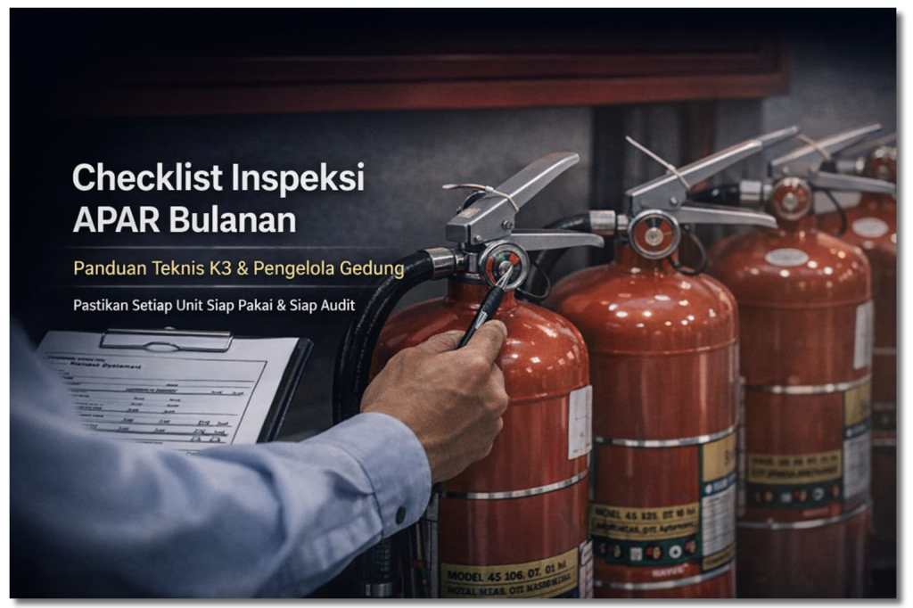 Inspeksi APAR bulanan oleh teknisi memeriksa pressure gauge alat pemadam api ringan di gedung industri.