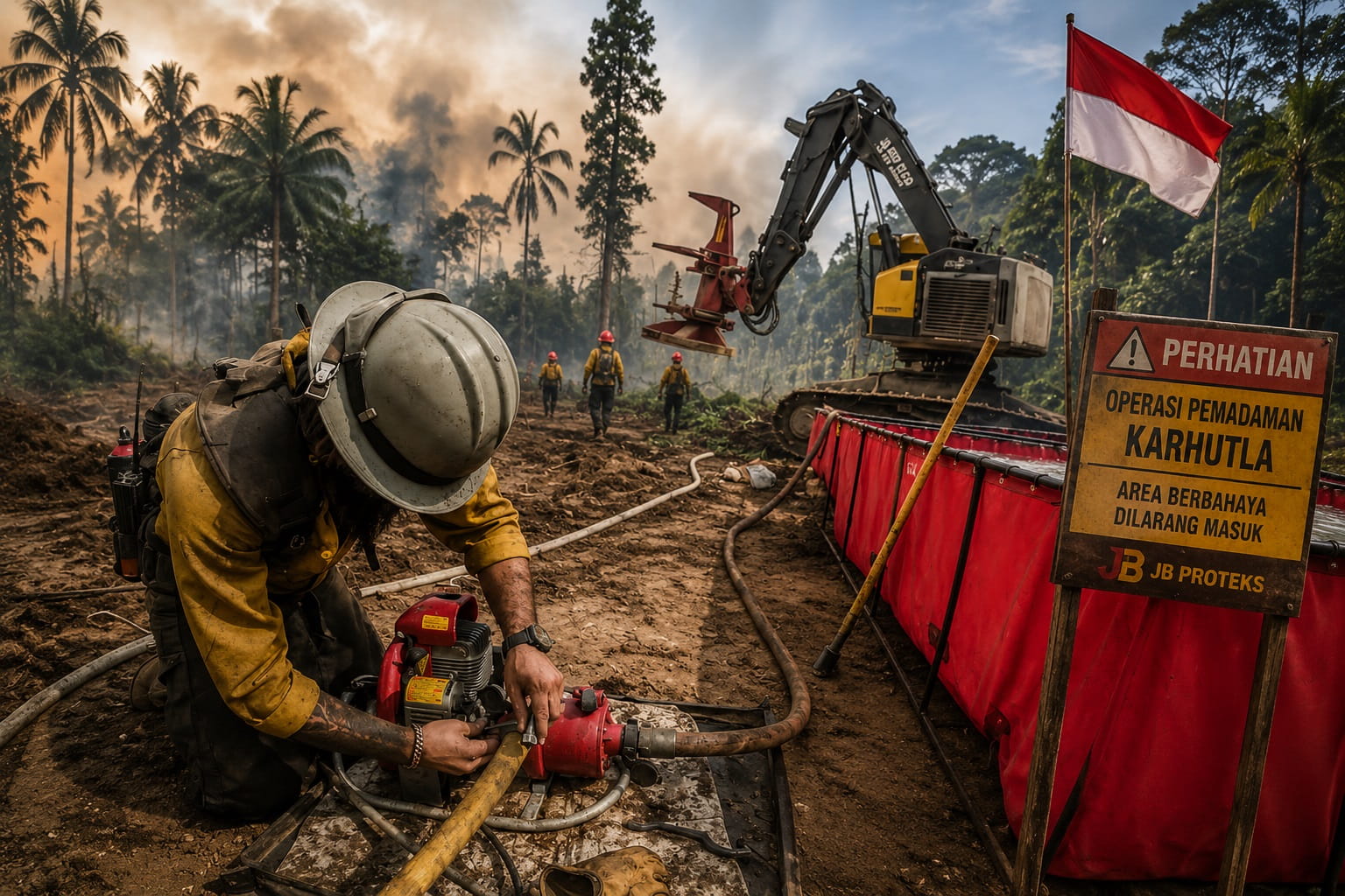 Operasi pemadaman kebakaran hutan menggunakan portable fire pump dan water supply system